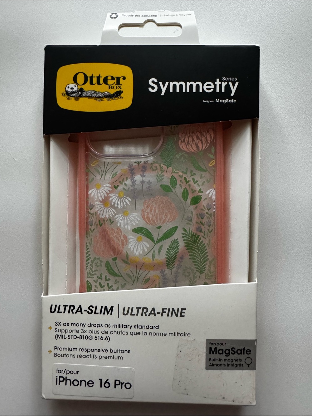 OtterBox Symmetry Series Clear Floral Case with Pink Trim for iPhone 16 Pro